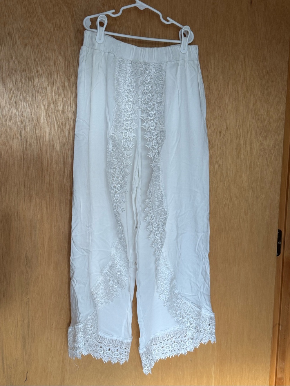 White Lace-Trim Wide Leg Pants